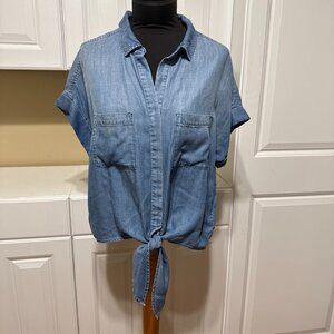 Bella Dahl Women Size L Tie-Front Denim Collared Short Sleeve Shirt With Pockets